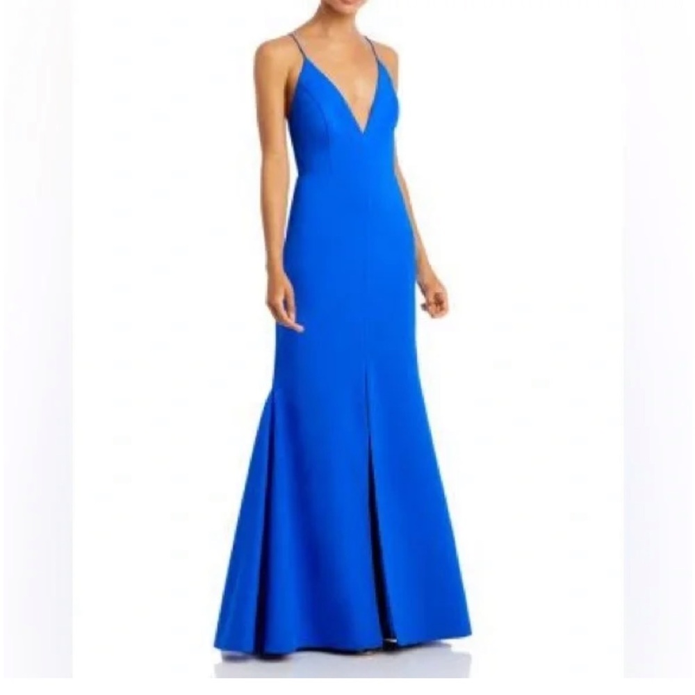 Aidan Mattox Cerulean Blue Elegant Azule Formal trumpet Deep V Mermaid Maxi Gown